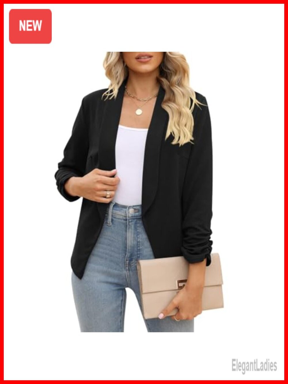 Women's Open Front Blazer Ruched 3/4 Sleeve Business Casual Work Jacket